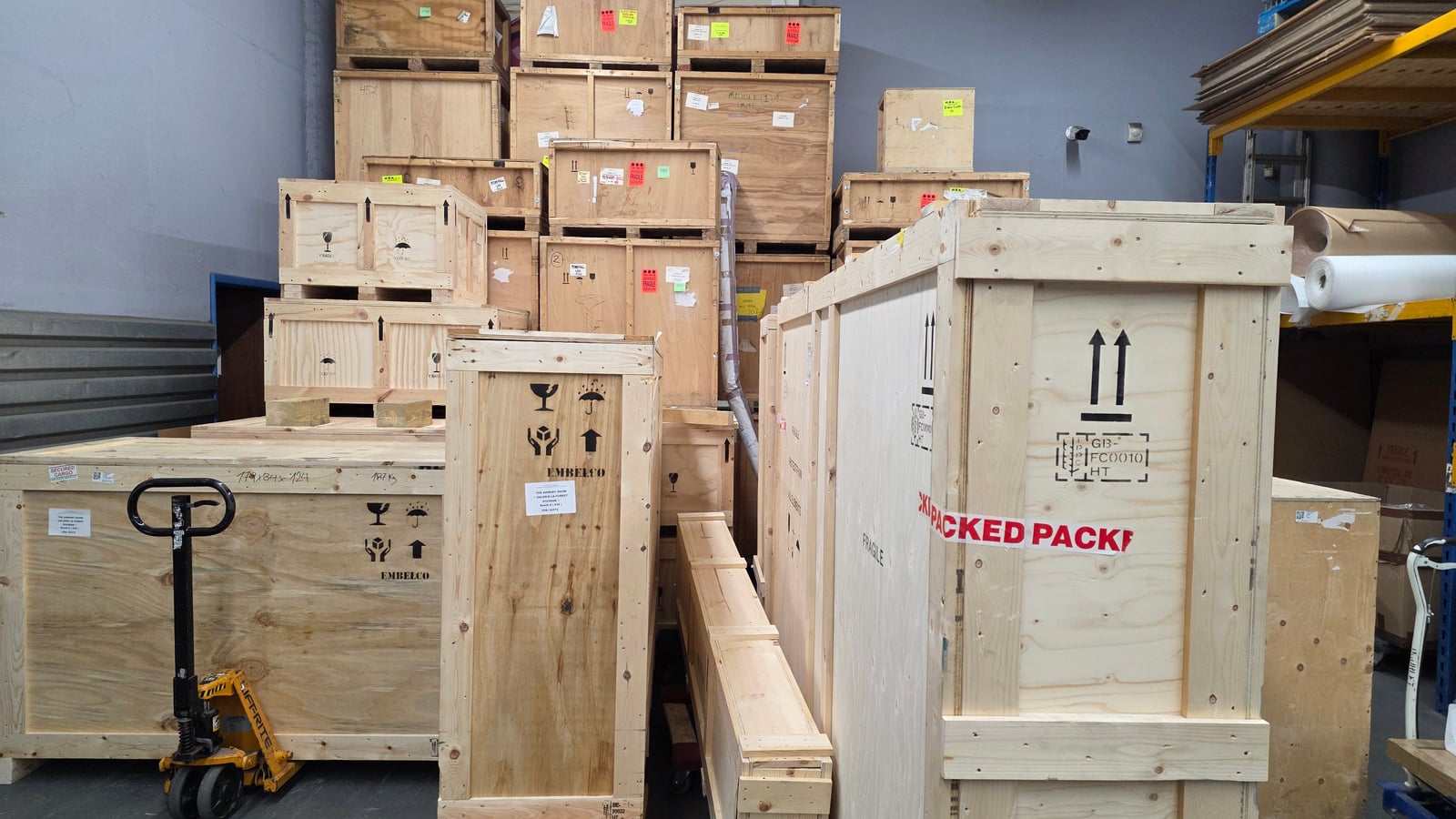 Fine art shipping crates in an art logistics warehouse
