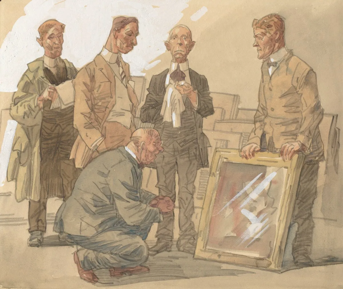 Art professionals examining and inspecting a painting for condition reporting