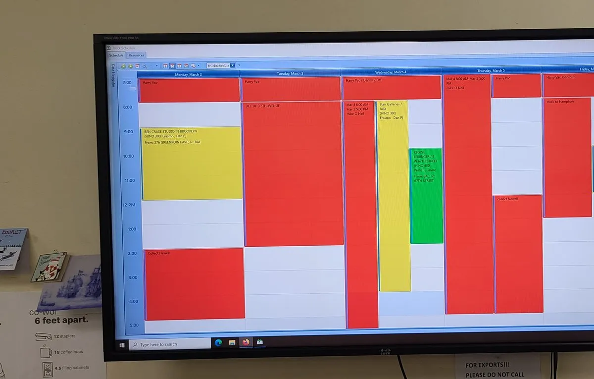 Resource scheduler and job calendar showing color-coded weekly task assignments for art logistics operations